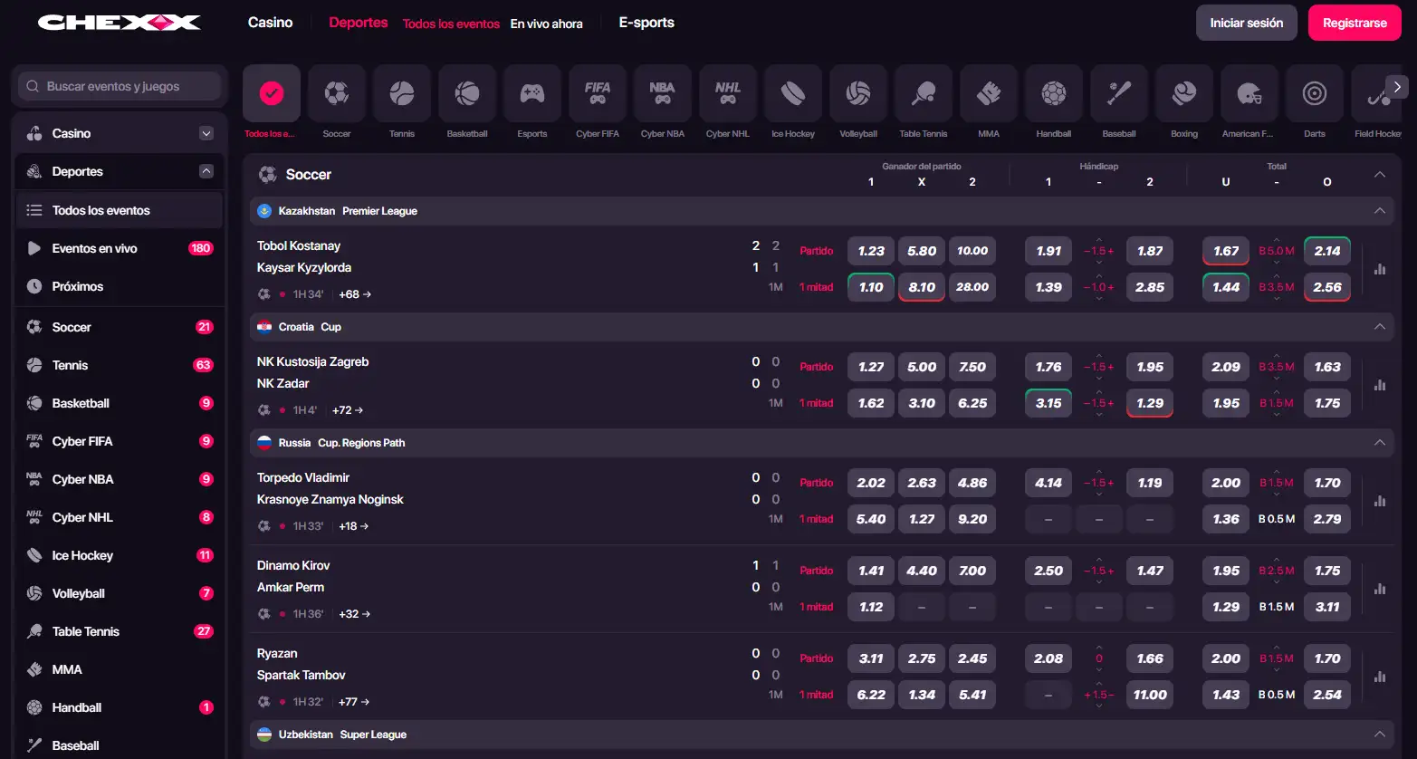 Sportsbook de CHEXX con mercados de apuestas actuales
