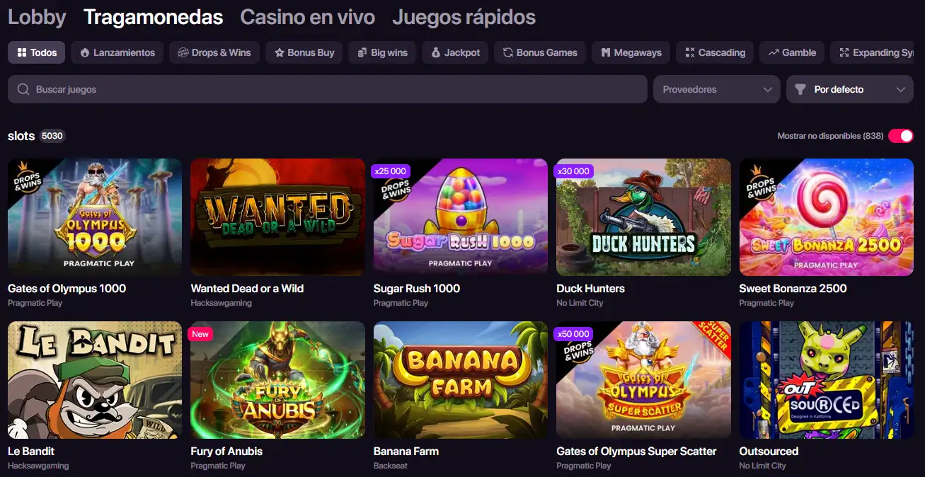 Sección real de tragamonedas del lobby de CHEXX