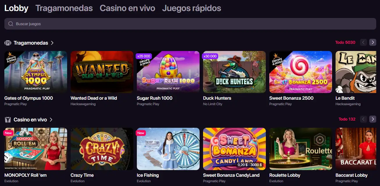 Lobby real de juegos de CHEXX con categorías de casino visibles