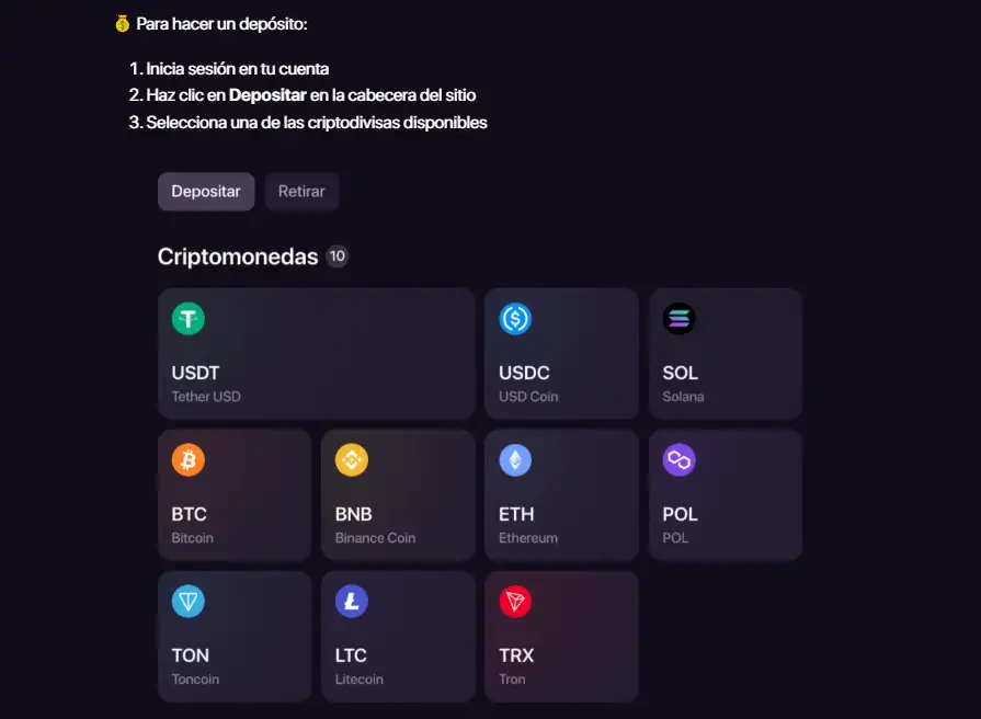 Caja de depósito actual de CHEXX con los métodos visibles