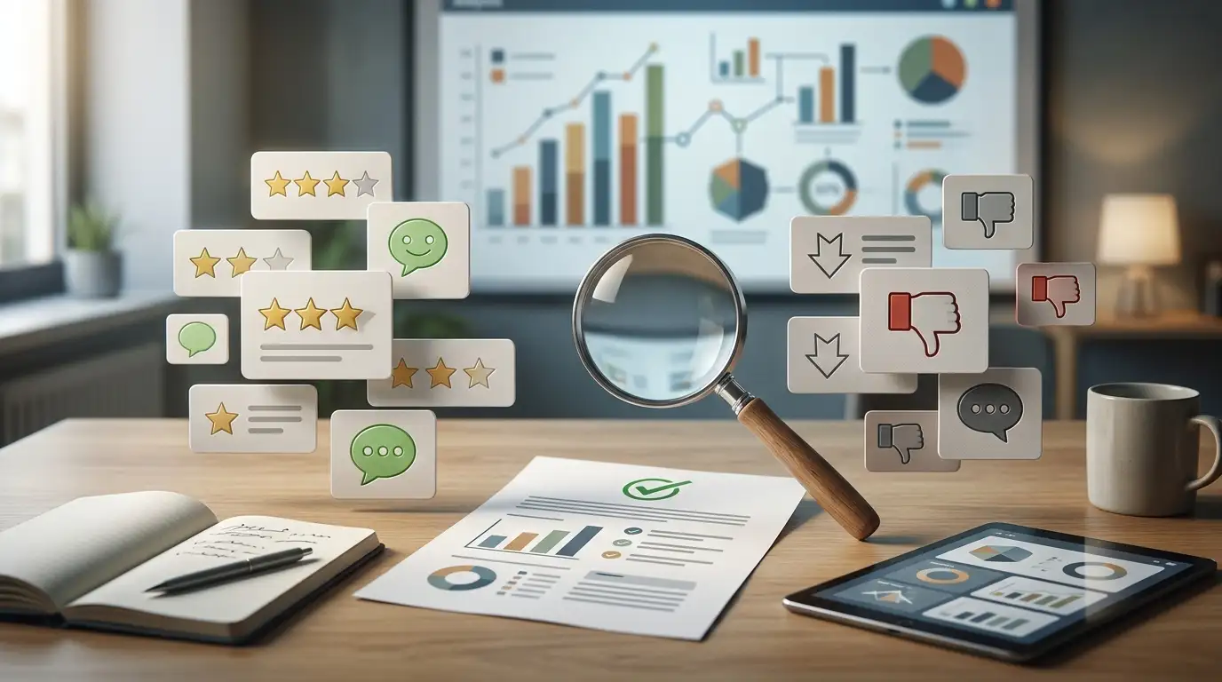 Ilustración editorial de señales positivas, negativas y verificables al analizar reseñas