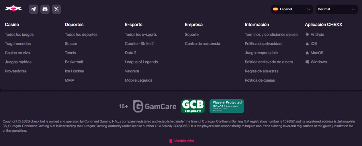 Certificado oficial de operación de Continent Gaming N.V. en Curaçao