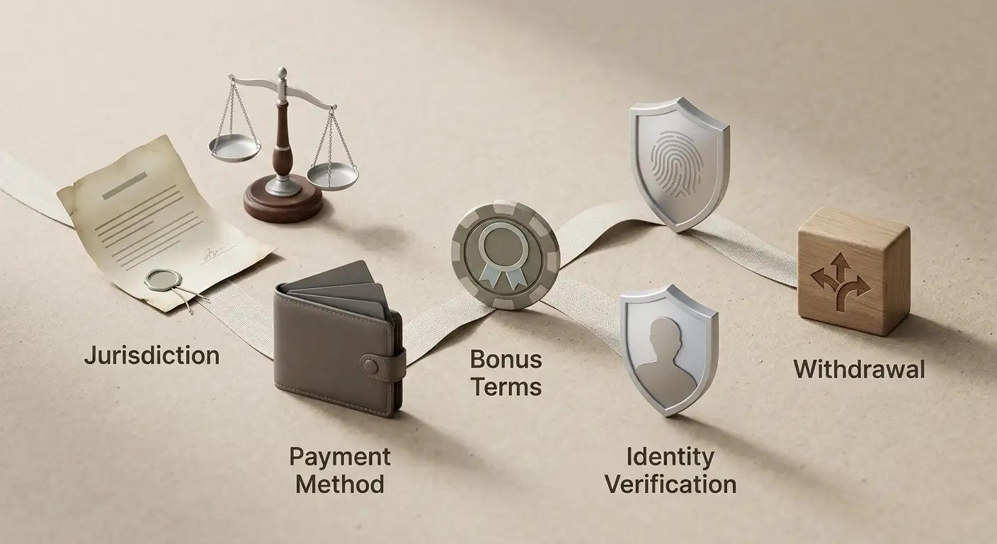 Checklist editorial de licencia, pagos, bono, KYC y retiro