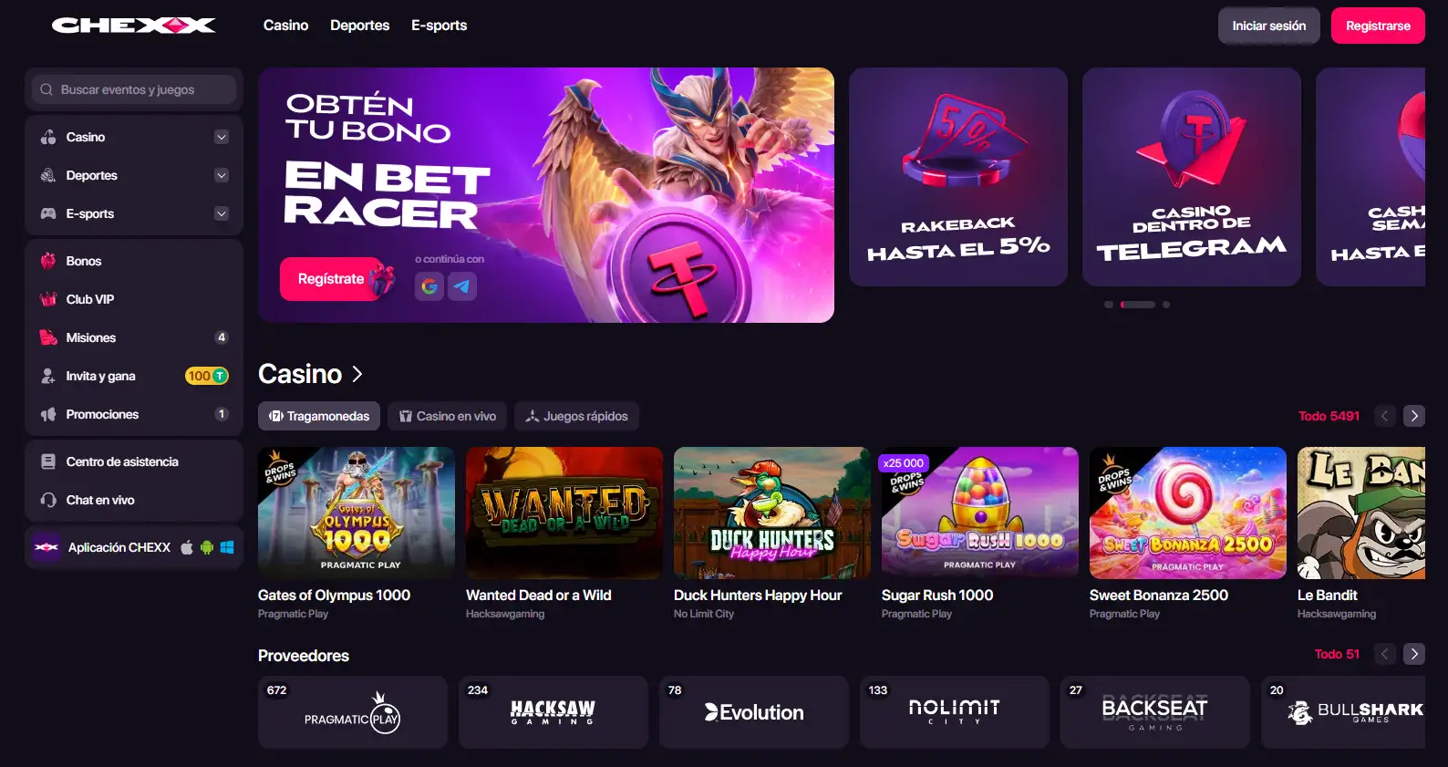 Interfaz de CHEXX con navegación de casino y apuestas